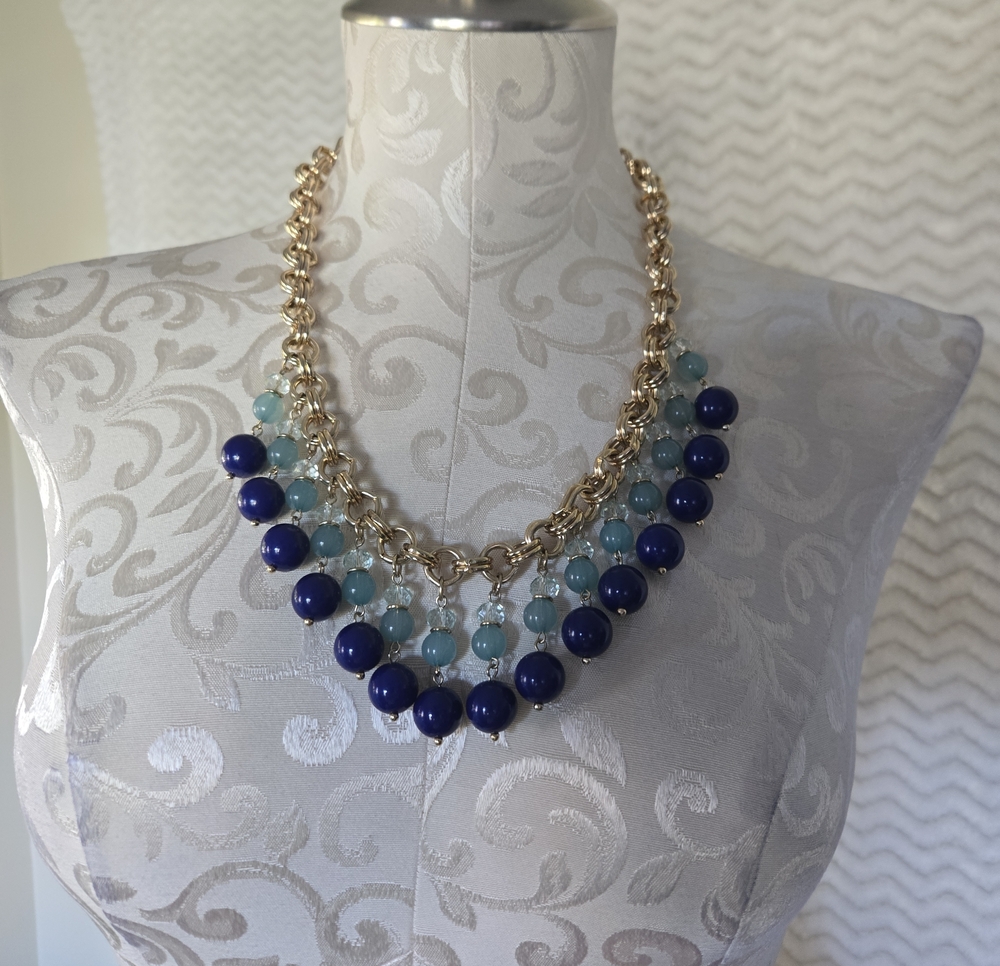 Ann Taylor Gold Chain Statement Necklace with Navy and Light Blue Beads